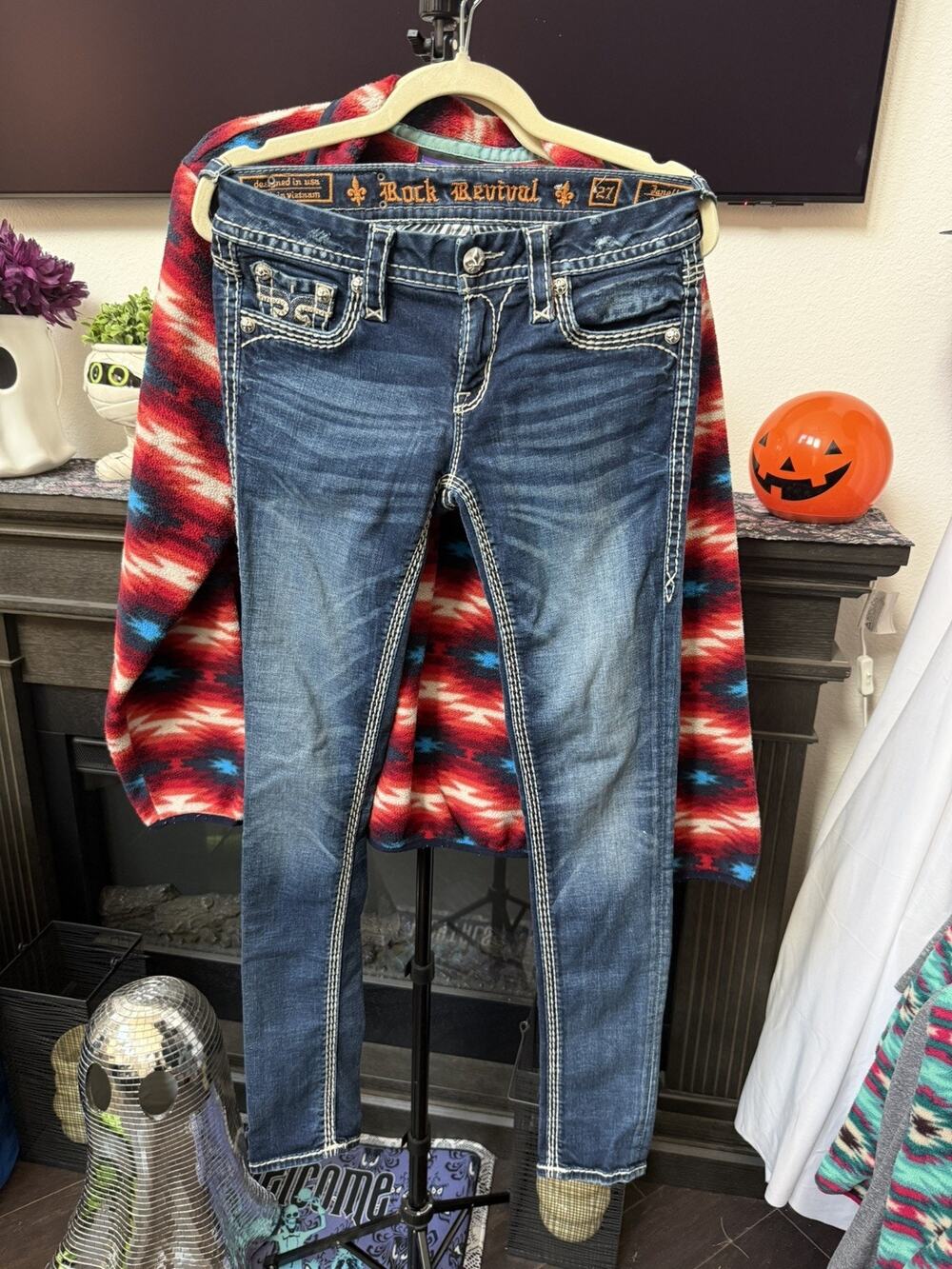 ROCK REVIVAL Janelle Mid-Rise Skinny Flap Pocket Jeans 27 THICK STITCH y2k 90’s